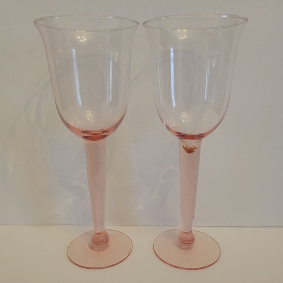 Set Of 2 Vintage Pink Glass Wine Goblets - Picture 1 of 7